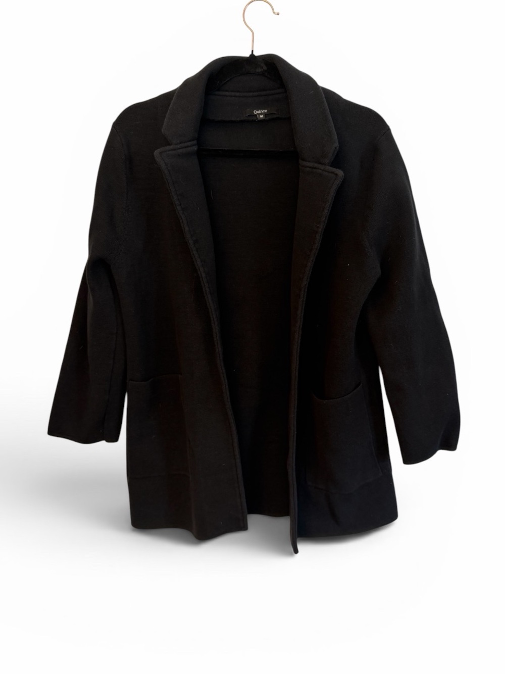 Quince 100% Organic Cotton Knit Black  Long Sleeve Open Blazer Pockets Women M